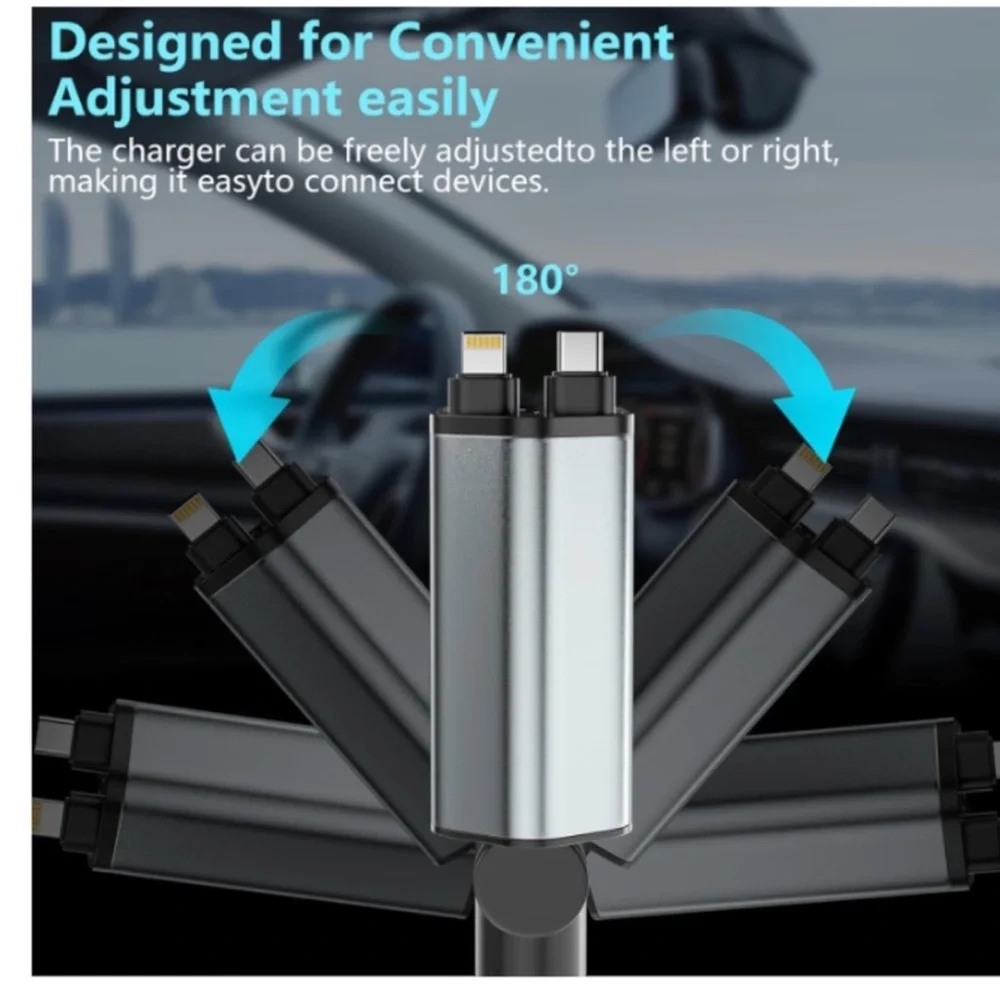 4-in-1 Retractable Car Charger with 2 USB-C/Lightning Cables and Dual USB Ports